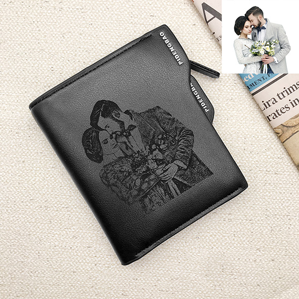 Personalized Photo Men's Leather Vertical Wallet Black