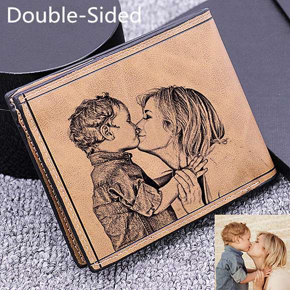 Personalized Double-Side Photo Leather Men's Light Brown Wallet