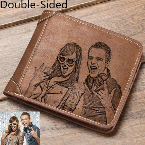 Personalized Double-Side Photo Men's Short Leather Brown Wallet