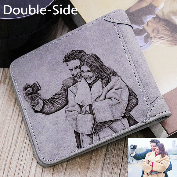 Personalized Double-Side Photo Men's Soft Leather Gray Wallet