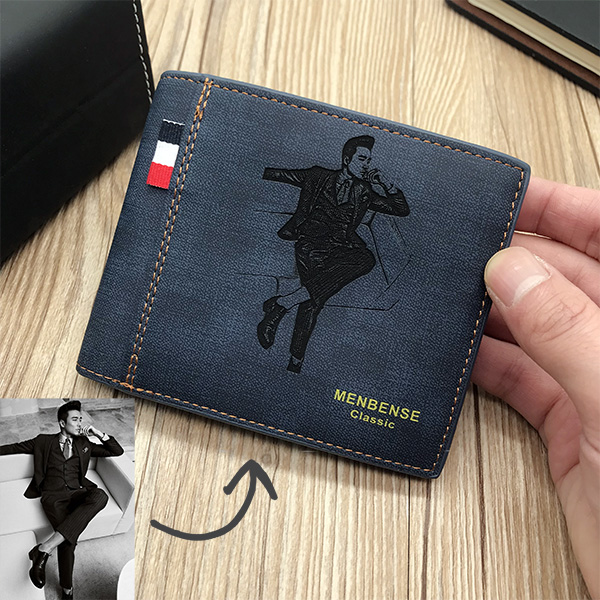 Personalized Photo Men's Tri-fold Blue Wallet